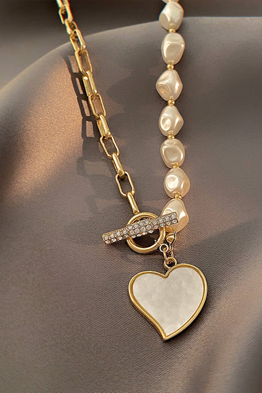 Heart Shape Rhinestone Pearl Decor Chain Necklace
