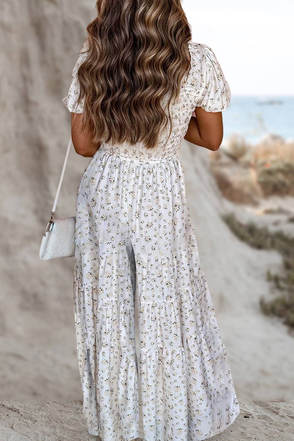 Floral Smocked Wide Leg Short Puff Sleeve Jumpsuit