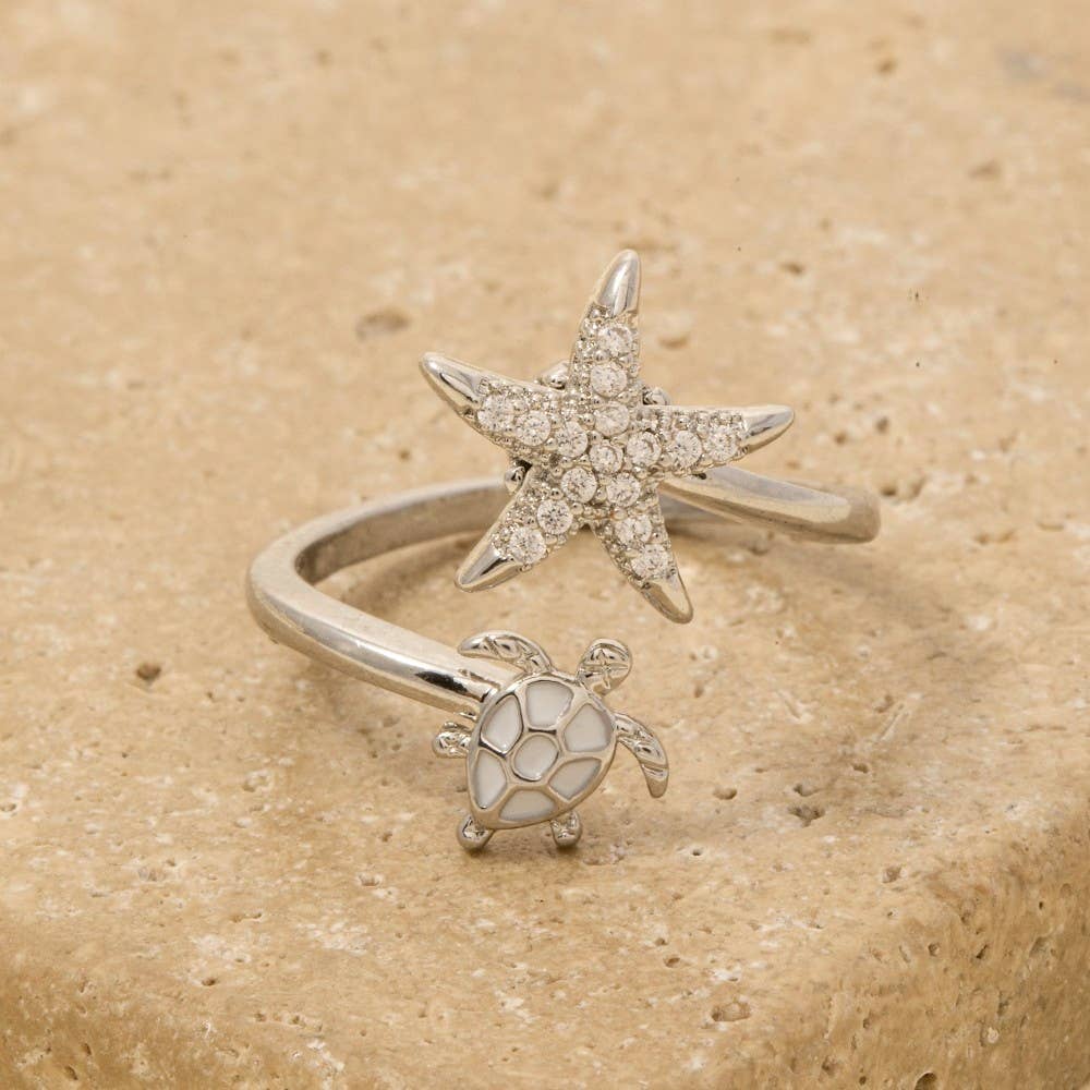 Cz Sea Life Starfish And Turtle Open Ring