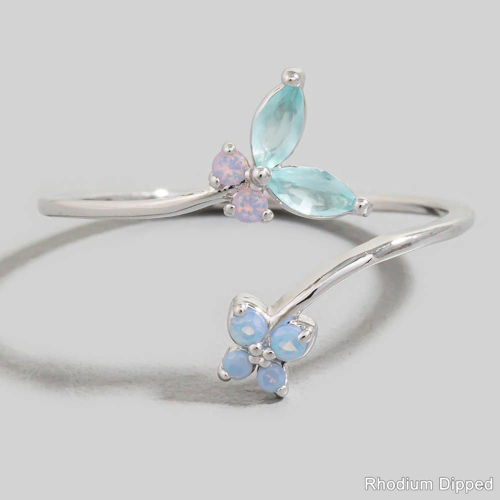Gold Dipped Cz Butterfly And Flower Band Open Ring