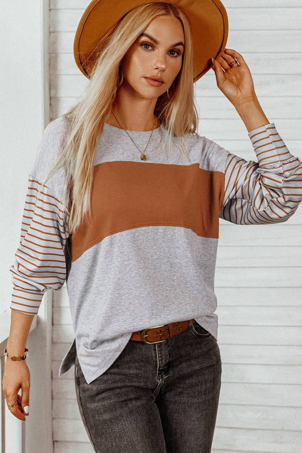 Striped Bishop Sleeve Top|100