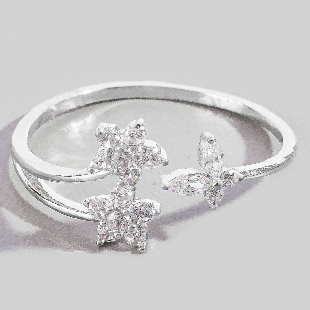 Double Cz Flower And Butterfly Open Band Ring