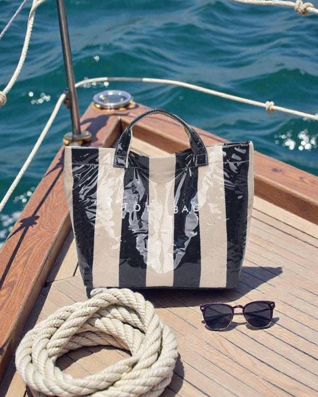 Navy and Beige Striped Tote Bag