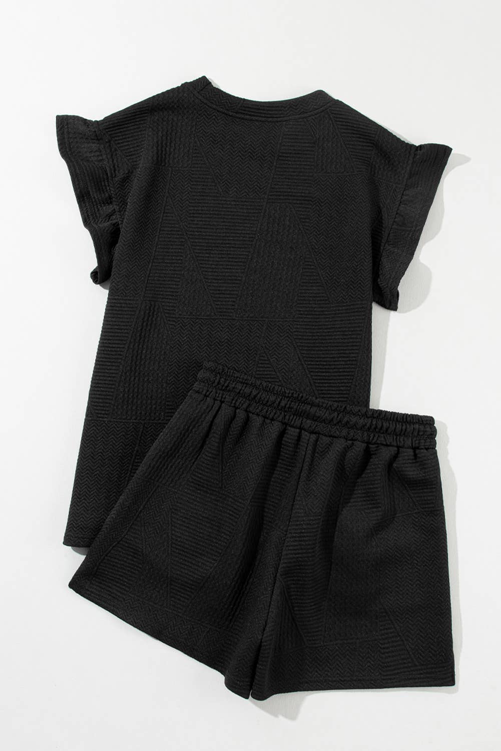 Women Solid Textured Ruffle Tee and Shorts Set