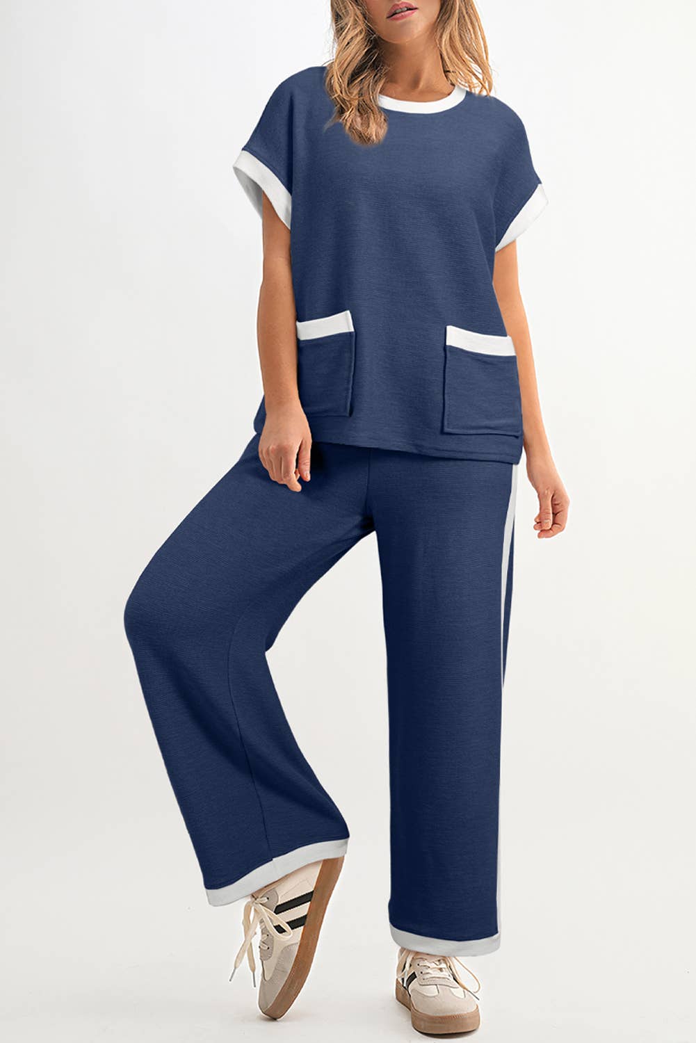 Color block Pockets Short Sleeve Top & Pants Set
