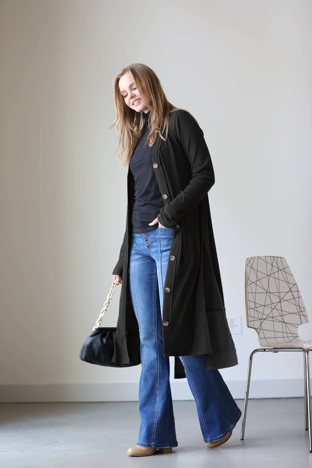 RIBBED LONG CARDIGAN (BLK)|123