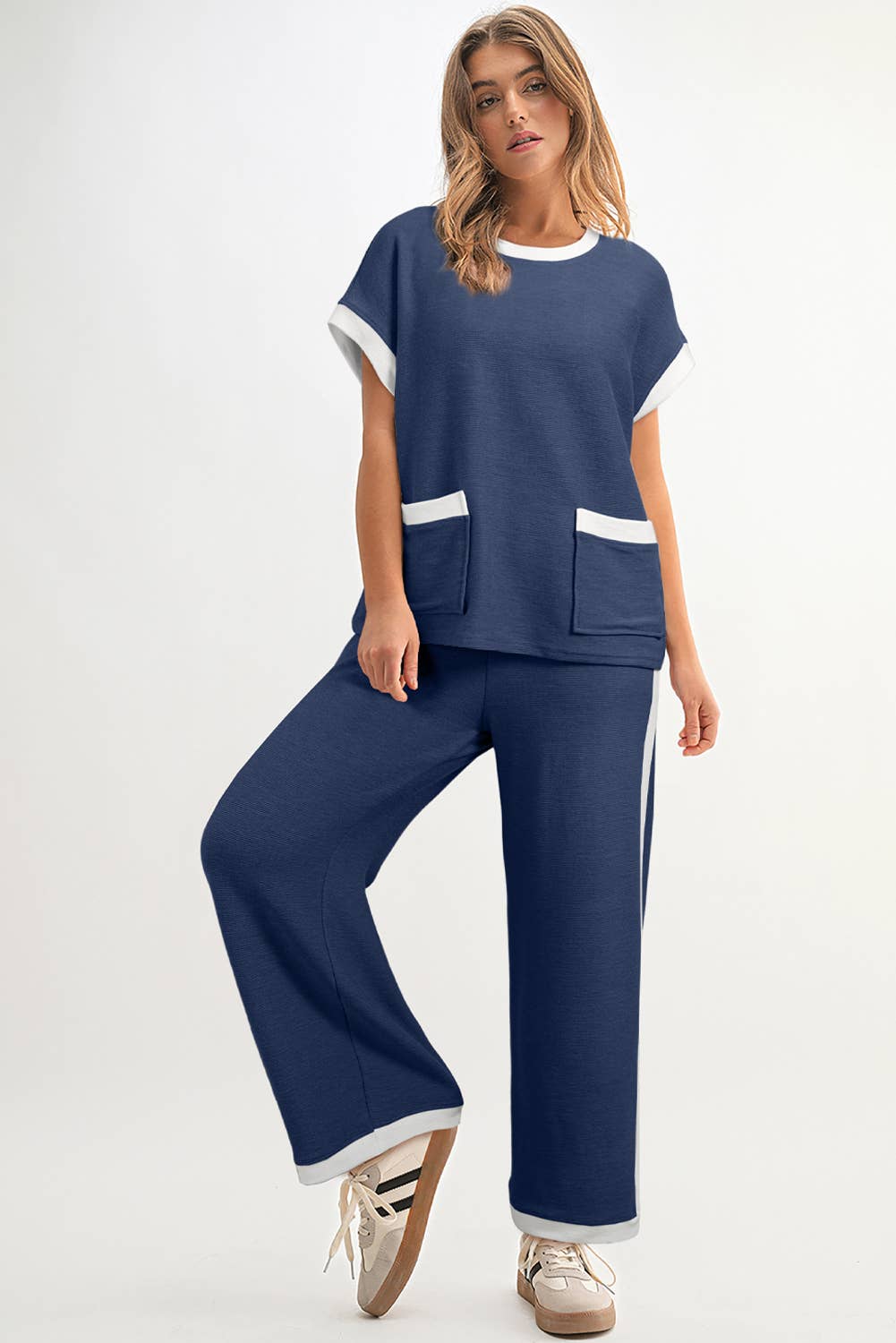 Color block Pockets Short Sleeve Top & Pants Set