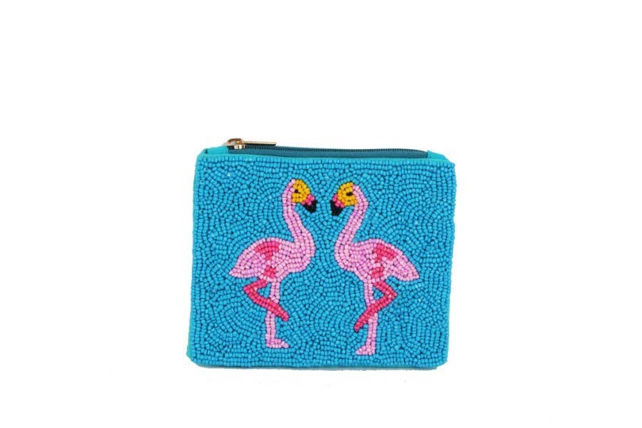 Ladies Fully Beaded Blue Flamingo Theme Coin Purse