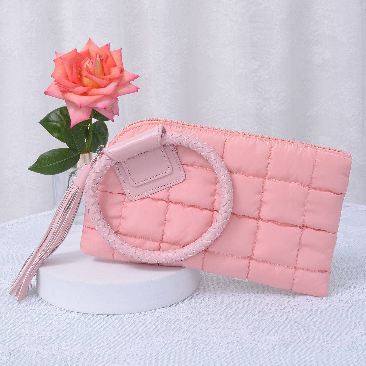 QP204 Quilted Puffer Wristlet/Clutch With Tassel