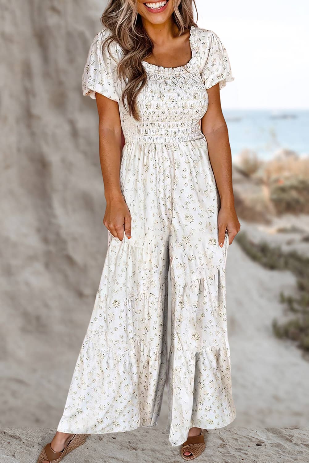 Floral Smocked Wide Leg Short Puff Sleeve Jumpsuit