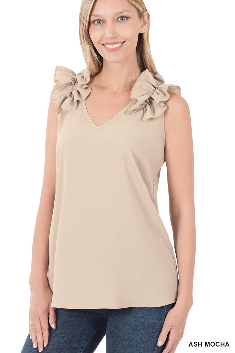 RUFFLE TRIM SLEEVELESS TOP ASH MOCHA