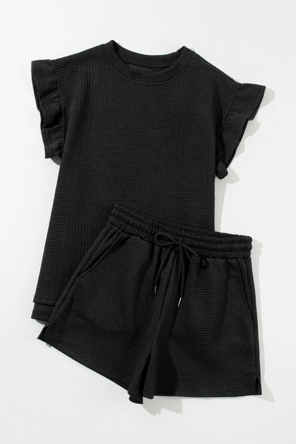 Women Solid Textured Ruffle Tee and Shorts Set