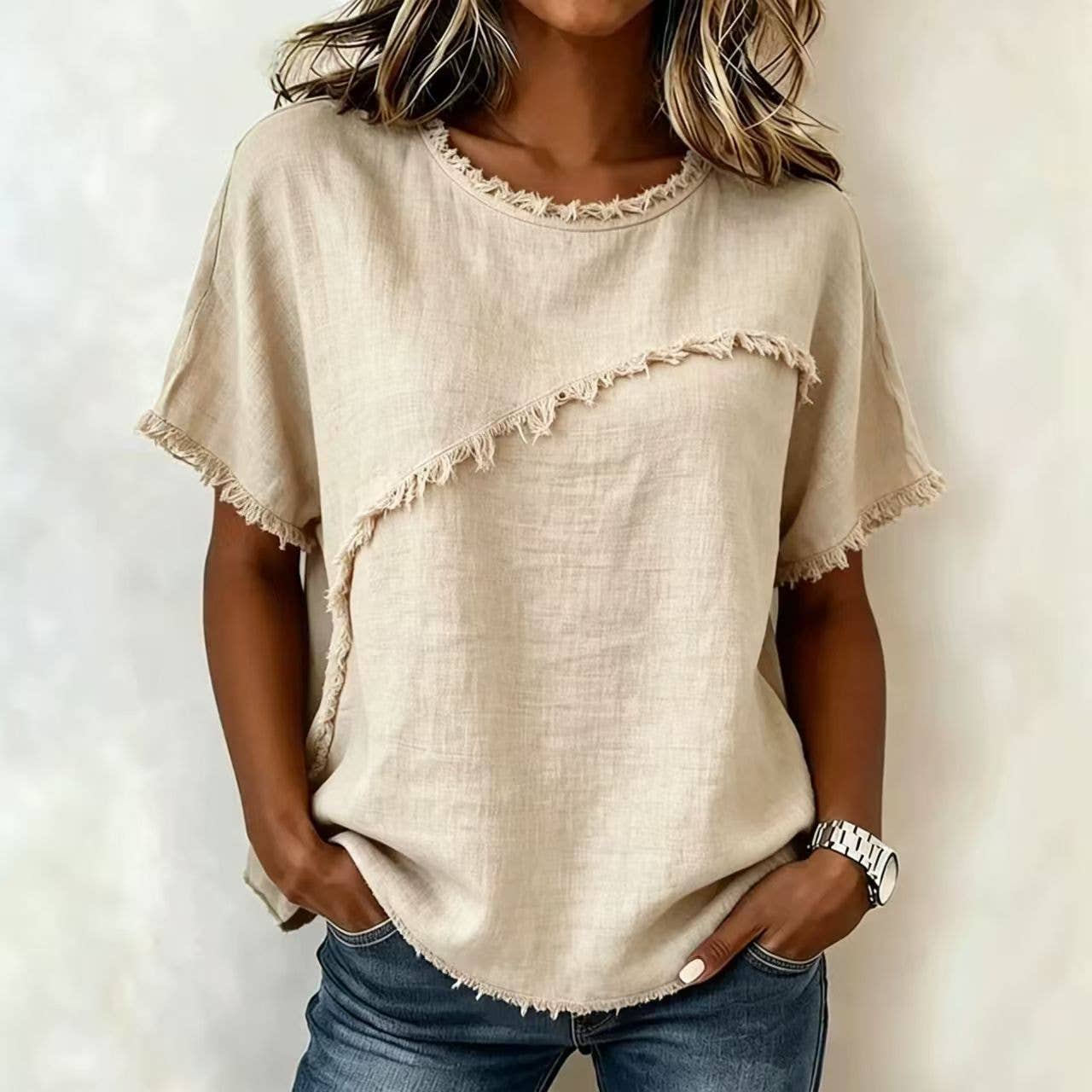 Frayed Edge Linen Blend Top Round Neck Short Sleeve Casual
