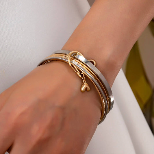Gold Silver Heart Linked Multi Bangle Set Bracelet | 80B1591