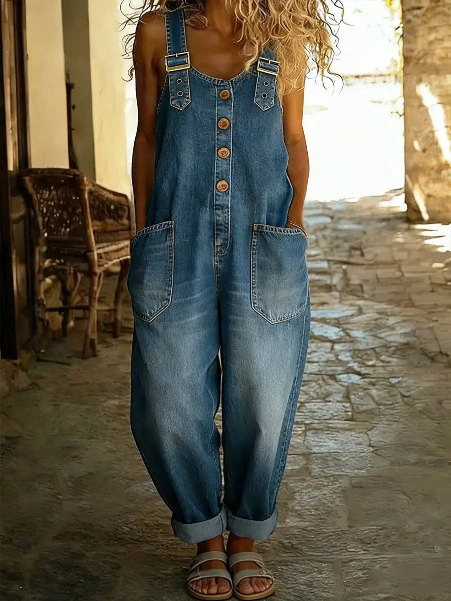 Women's Washed Denim Overalls Adjustable Strap Jumpsuit