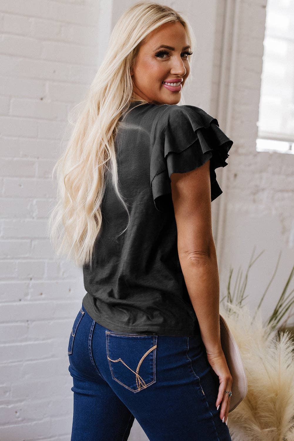Dark Grey Ruffle Sleeve Casual Tee Boutique Summer Top