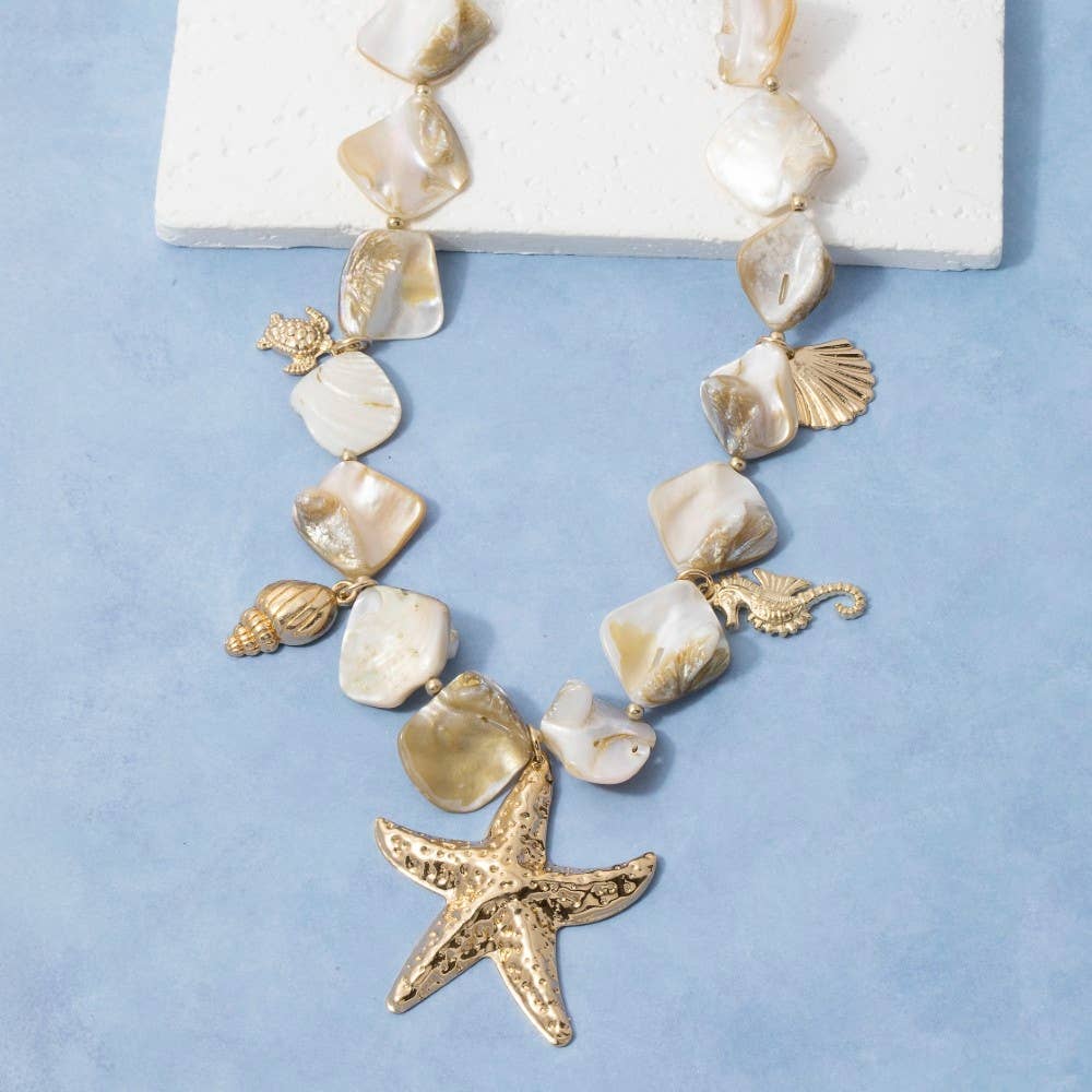 Gold Starfish & Coastal Charms Shell Stone Necklace