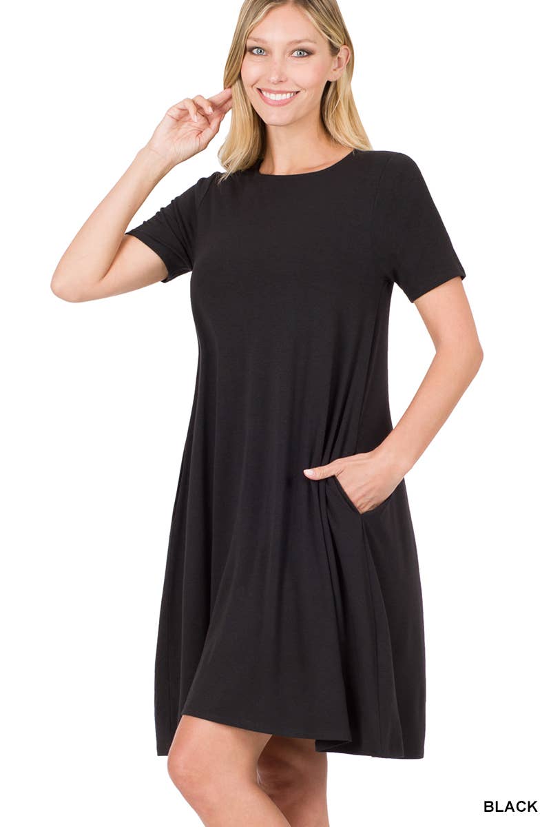".._ SI-25493 Short Sleeve Flared Dress With Side Pockets