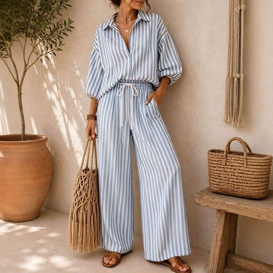Striped Oversized Shirt Wide Leg Pants Set