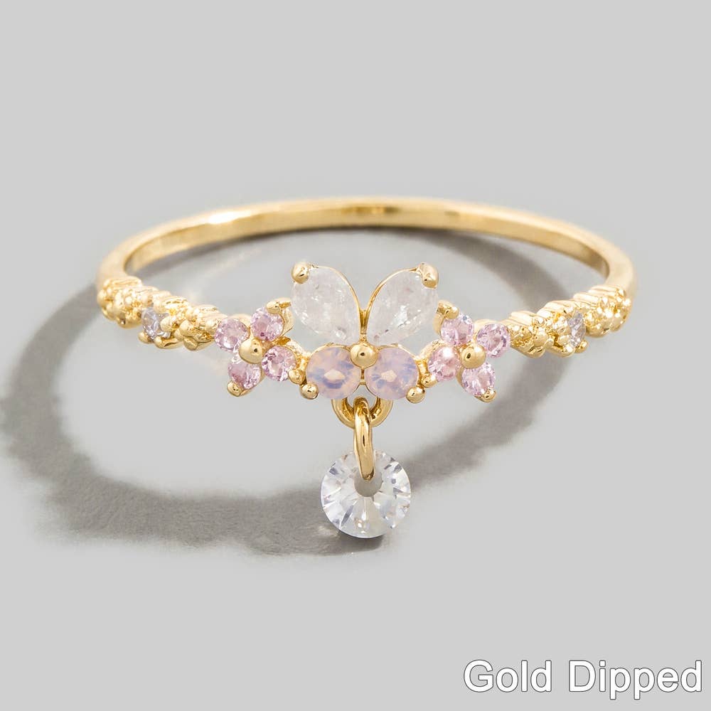Gold Dipped Cz Butterfly Charm Drop Ring