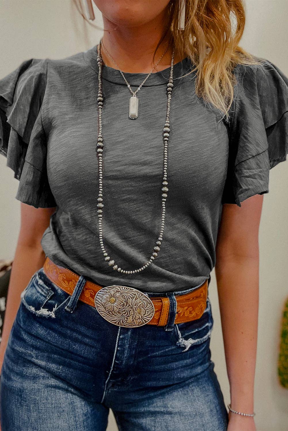 Dark Grey Ruffle Sleeve Casual Tee Boutique Summer Top