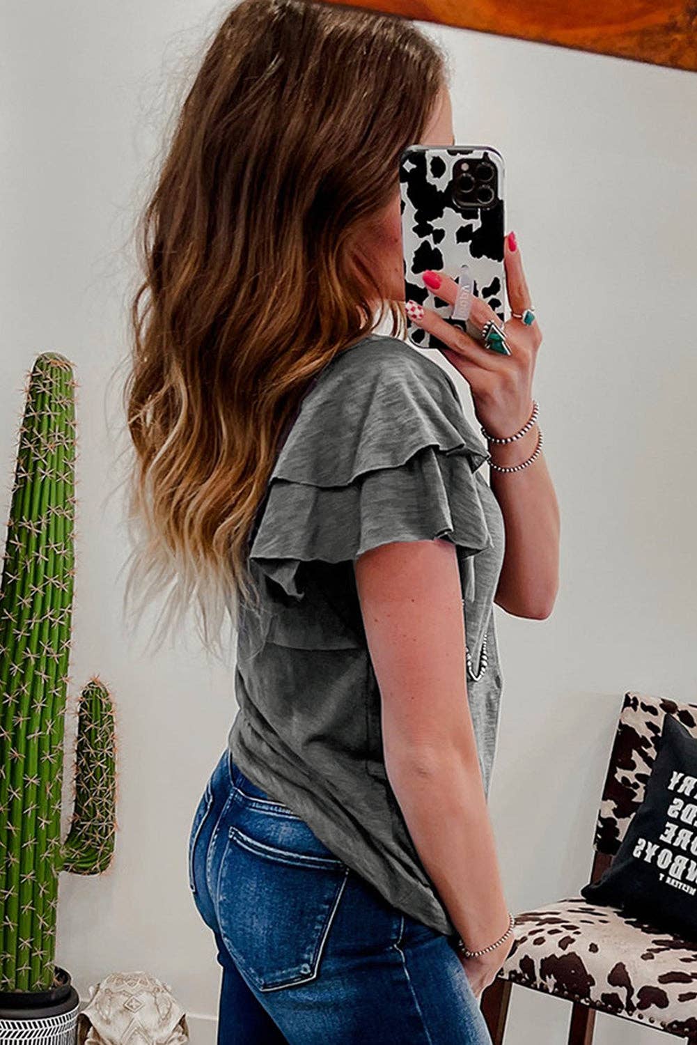 Dark Grey Ruffle Sleeve Casual Tee Boutique Summer Top