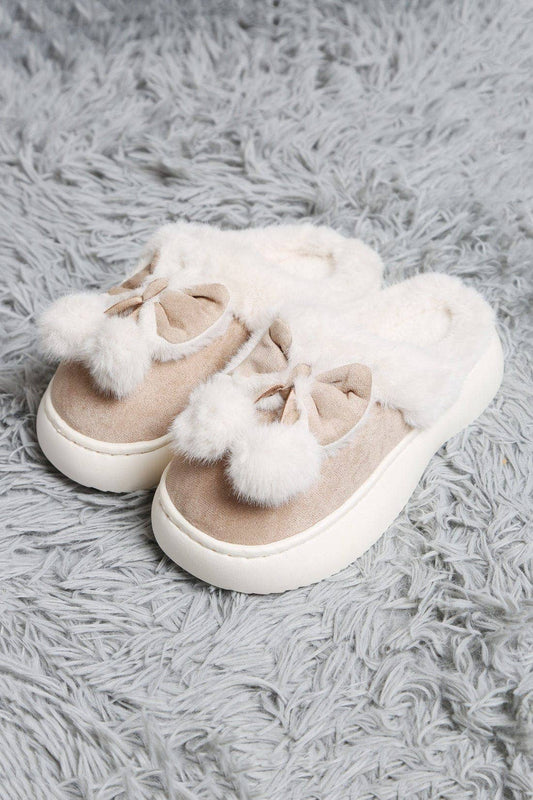 Superlux Faux Suede Fuzzy Bow & Pom Pom Slippers