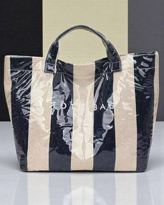 Black and Beige Striped Tote Bag