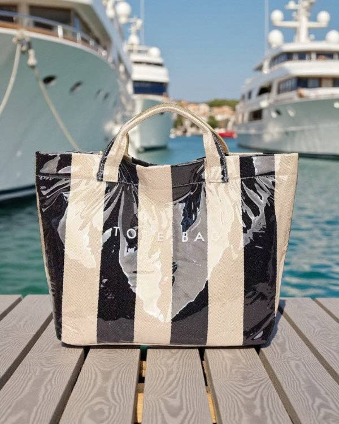 Black and Beige Striped Tote Bag