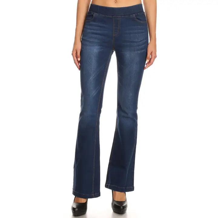 Dark Wash Comfortable Pull On Denim Flare Jeans