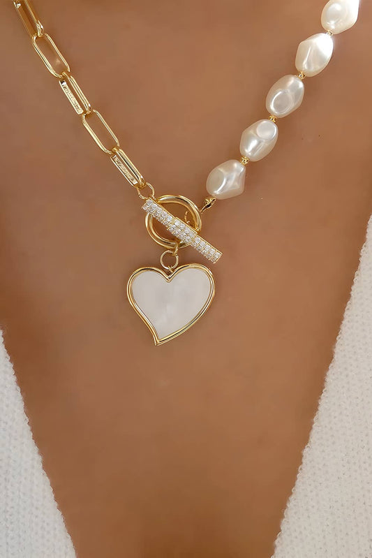 Heart Shape Rhinestone Pearl Decor Chain Necklace