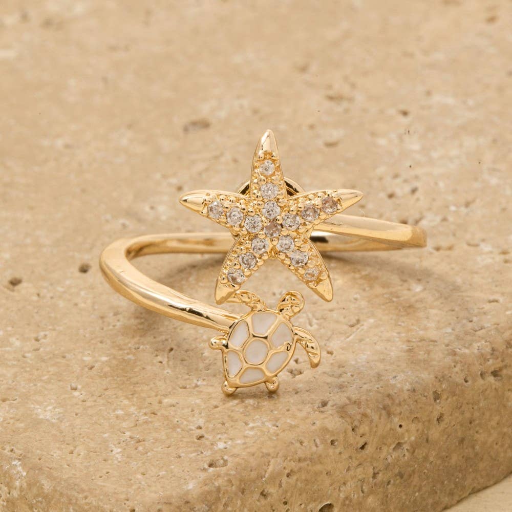 Cz Sea Life Starfish And Turtle Open Ring