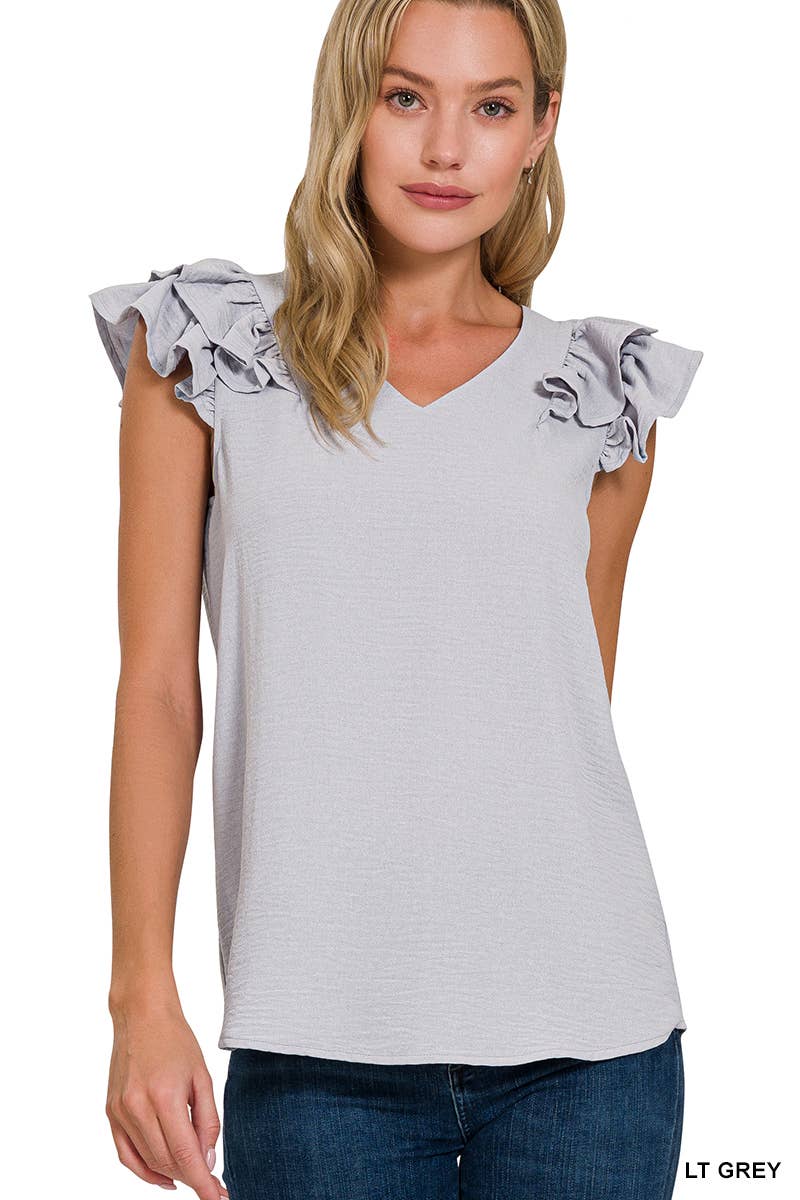 Woven Airflow Tiered Ruffle Sleeve Top Lt Grey