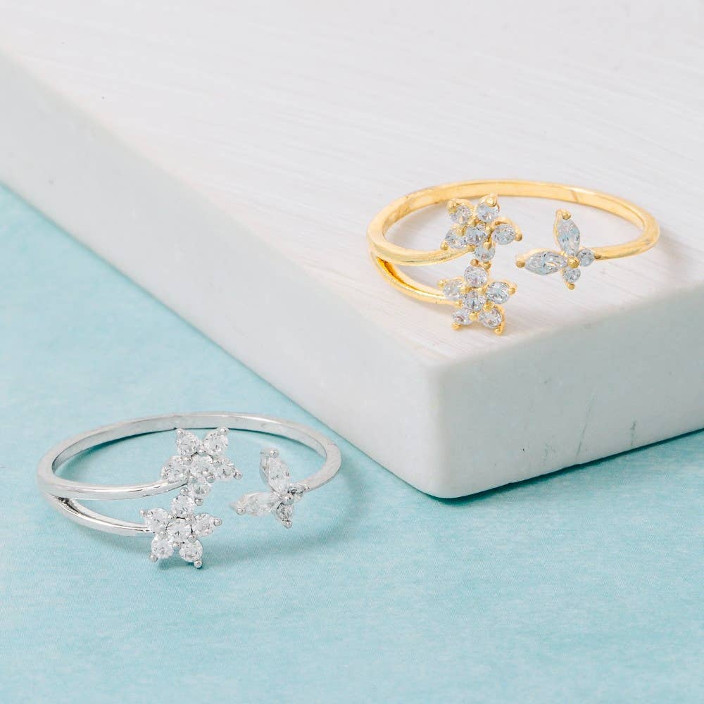 Double Cz Flower And Butterfly Open Band Ring