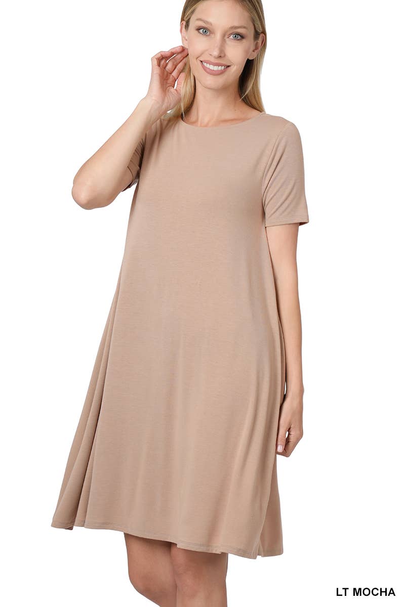".._ SI-25493 Short Sleeve Flared Dress With Side Pockets