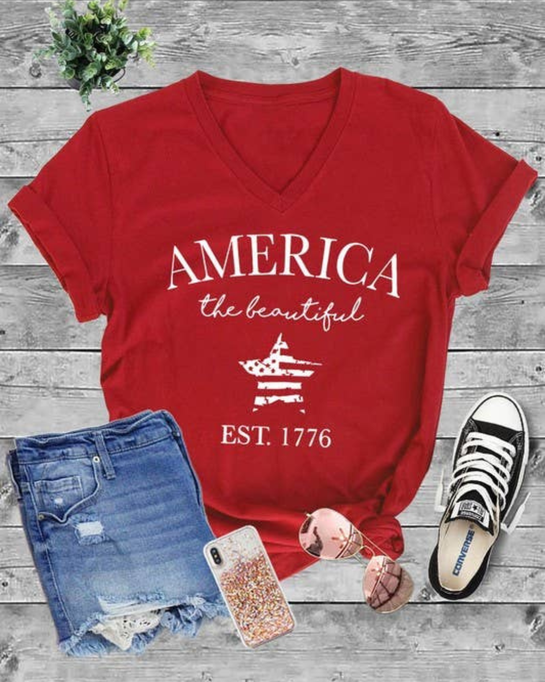 Unisex V neck T shirt America Red