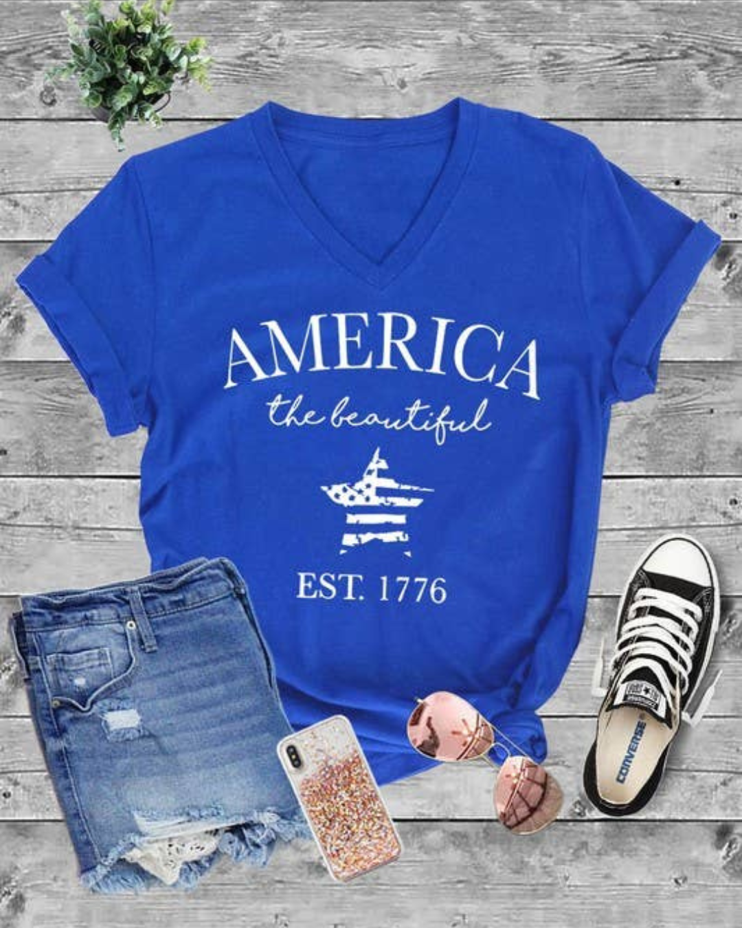 Unisex V neck T shirt America Blue