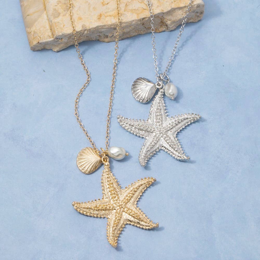 Gold Starfish Pendant Necklace With Shell & Pearl Charms
