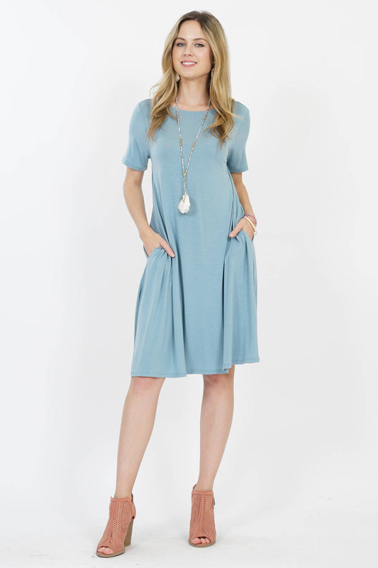 ".._ SI-25493 Short Sleeve Flared Dress With Side Pockets