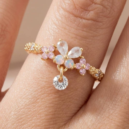 Gold Dipped Cz Butterfly Charm Drop Ring