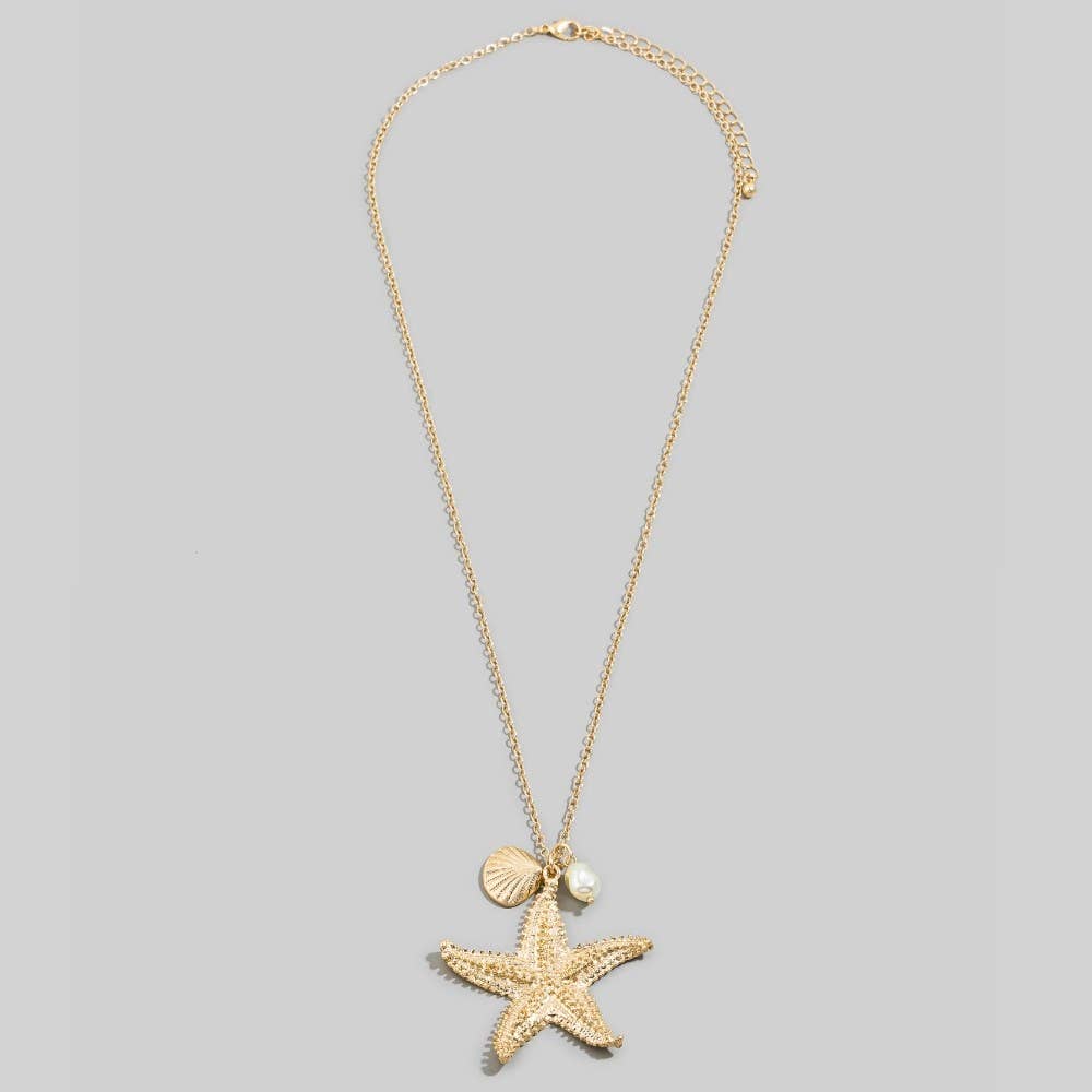 Gold Starfish Pendant Necklace With Shell & Pearl Charms