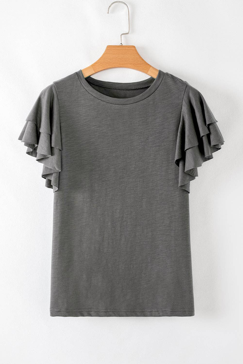 Dark Grey Ruffle Sleeve Casual Tee Boutique Summer Top