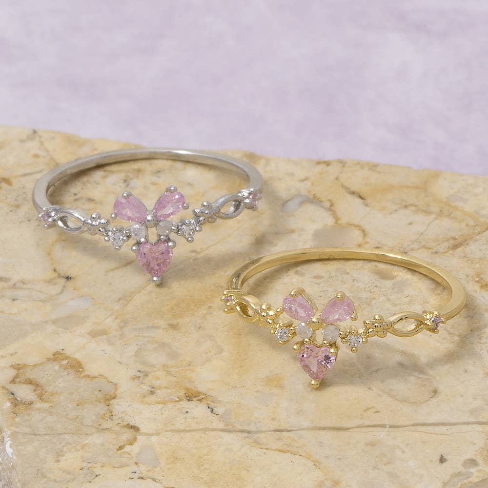 Gold Dipped Cz Butterfly Floral Crown Ring