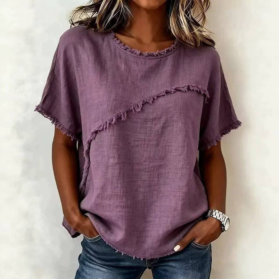 Frayed Edge Linen Blend Top Round Neck Short Sleeve Casual