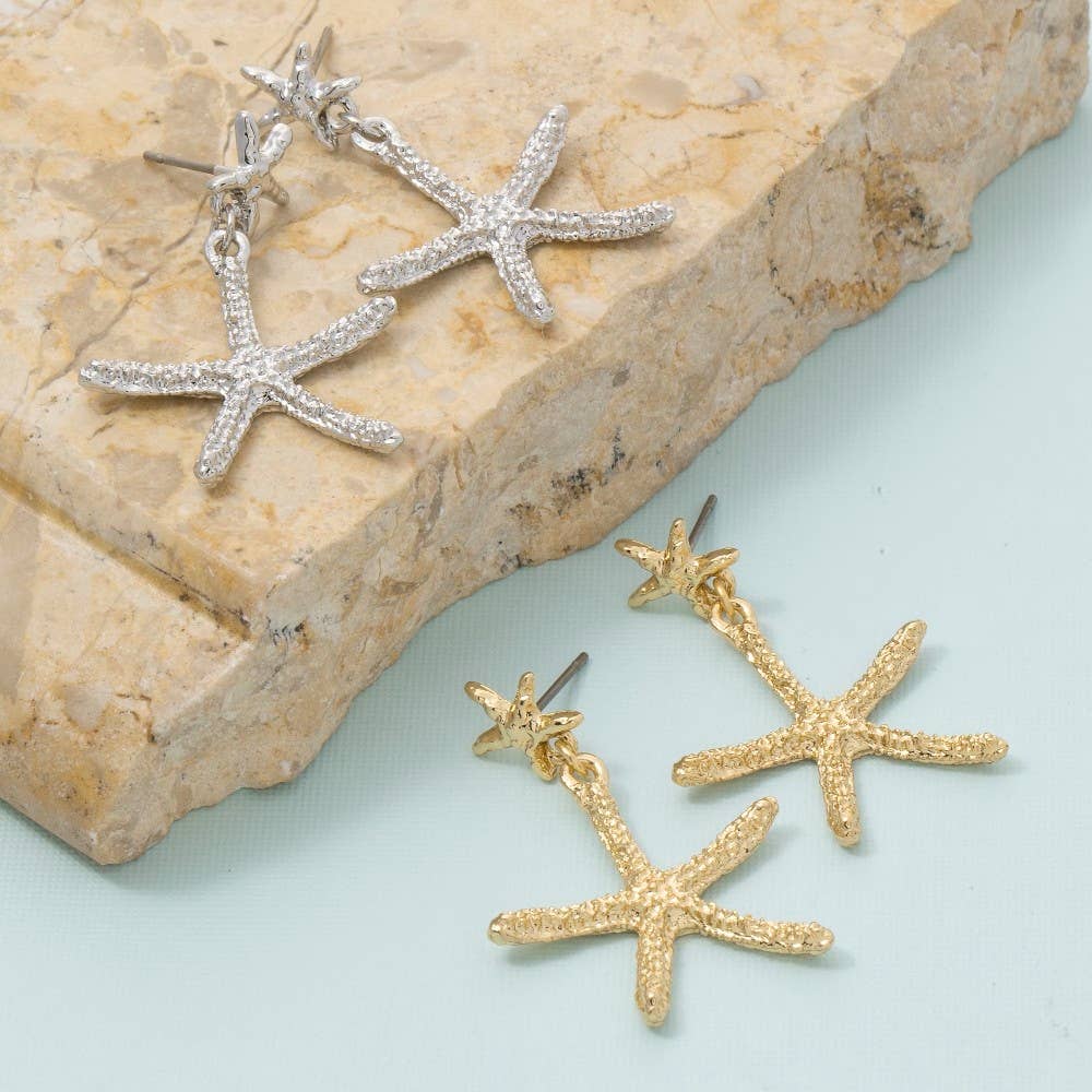 Gold Dipped Double Star Fish Stud Dangle Earrings