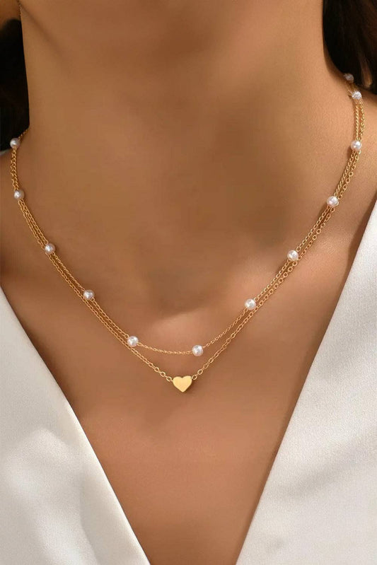 Gold Layered Necklace with Heart Pendant and Pearl Accents