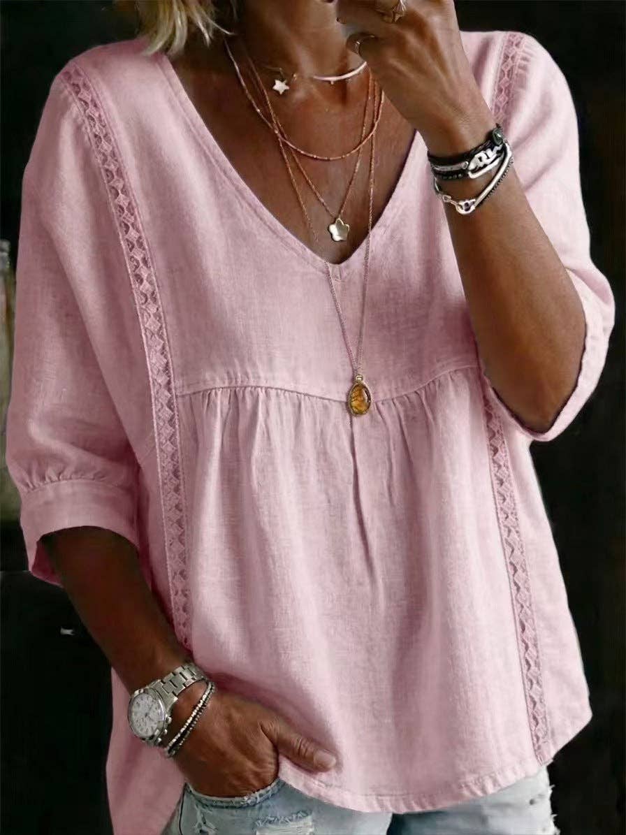 Lace Trim V Neck Plus Size Blouse S to 4XL
