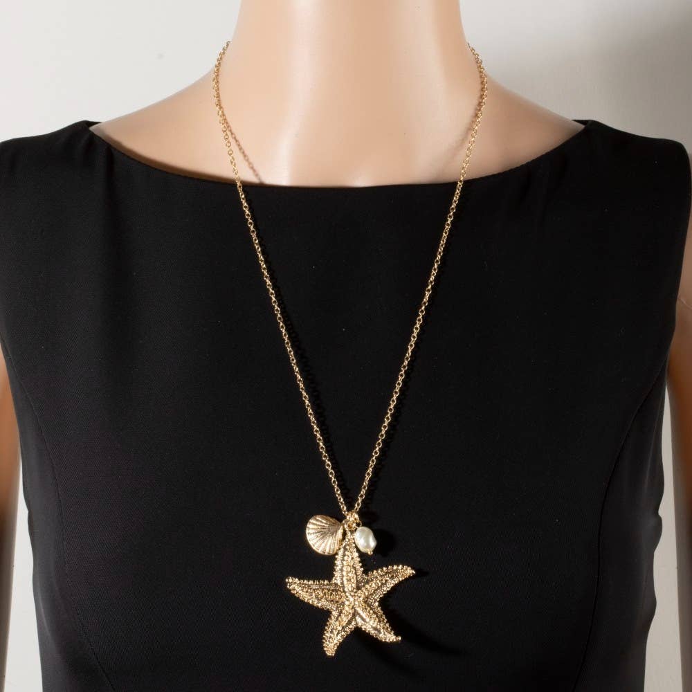 Gold Starfish Pendant Necklace With Shell & Pearl Charms