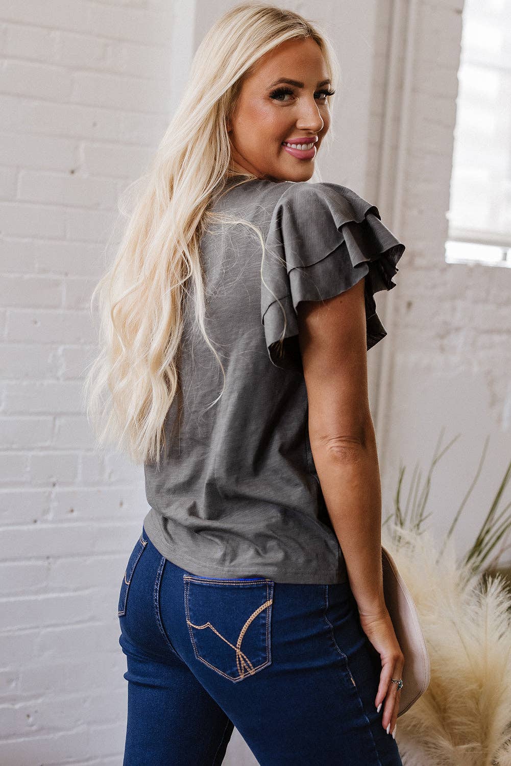 Dark Grey Ruffle Sleeve Casual Tee Boutique Summer Top