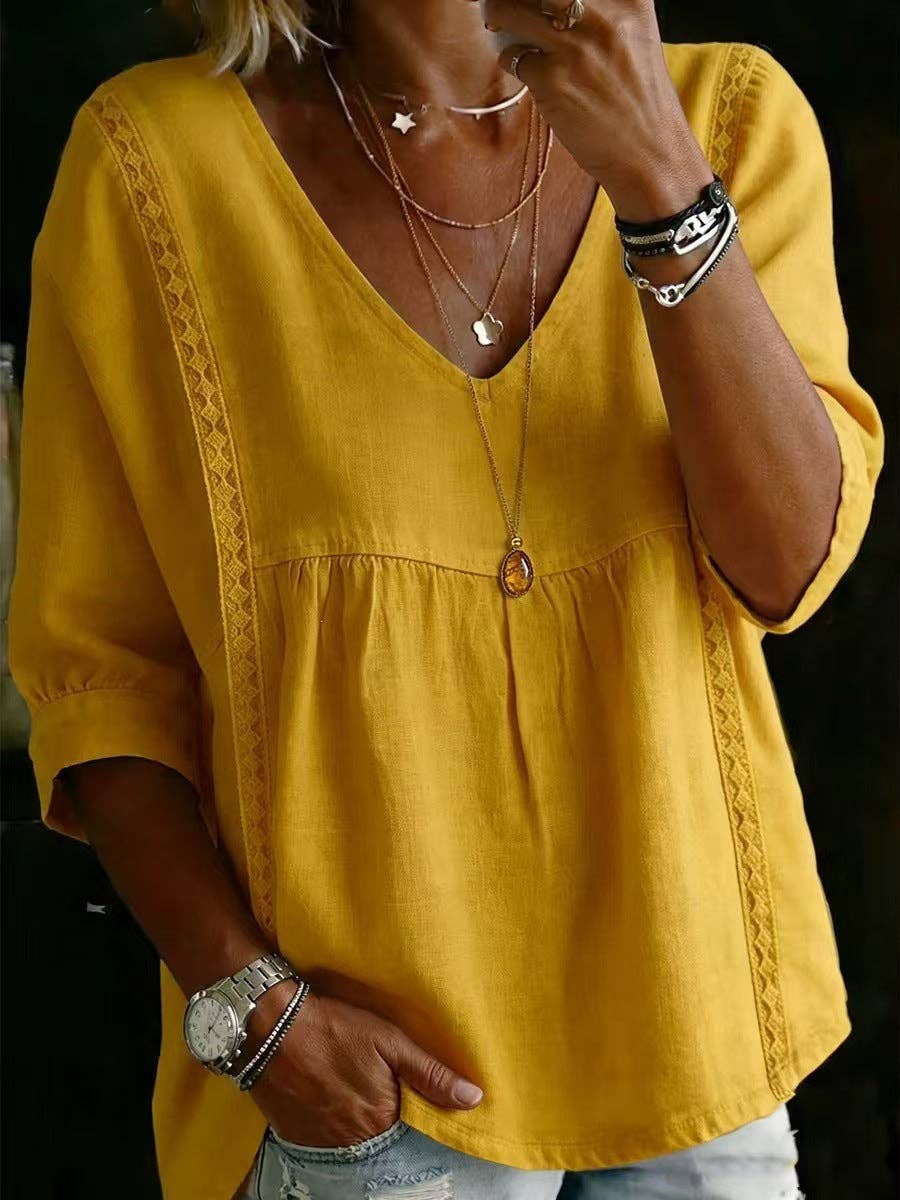 Lace Trim V Neck Plus Size Blouse S to 4XL